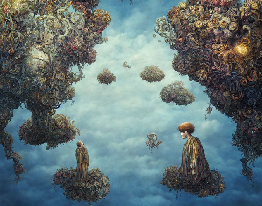 Two people on floating islands in surreal cloudy background