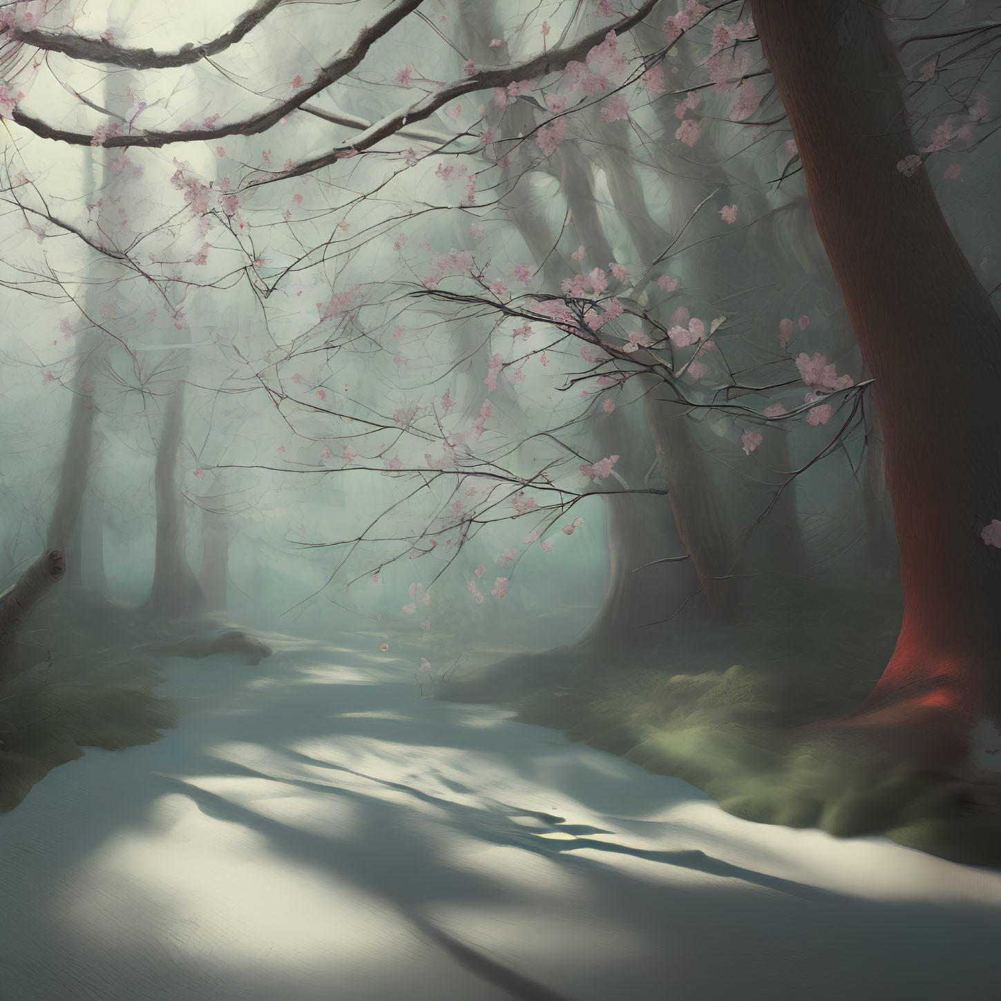 Misty forest scene with cherry blossoms and sunlit path