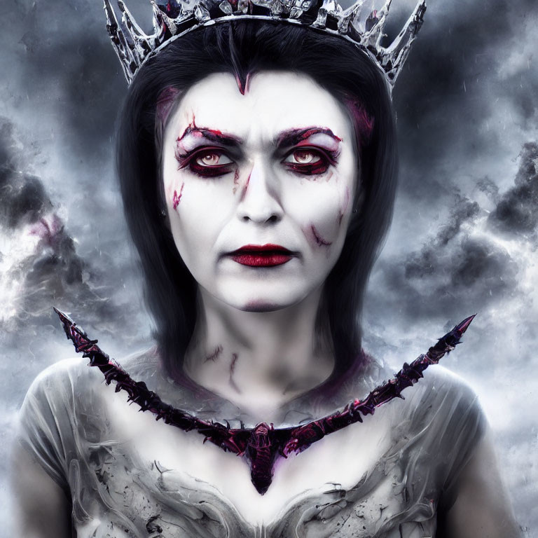 Pale-skinned figure with dark hair and crown, sporting dramatic gothic makeup.