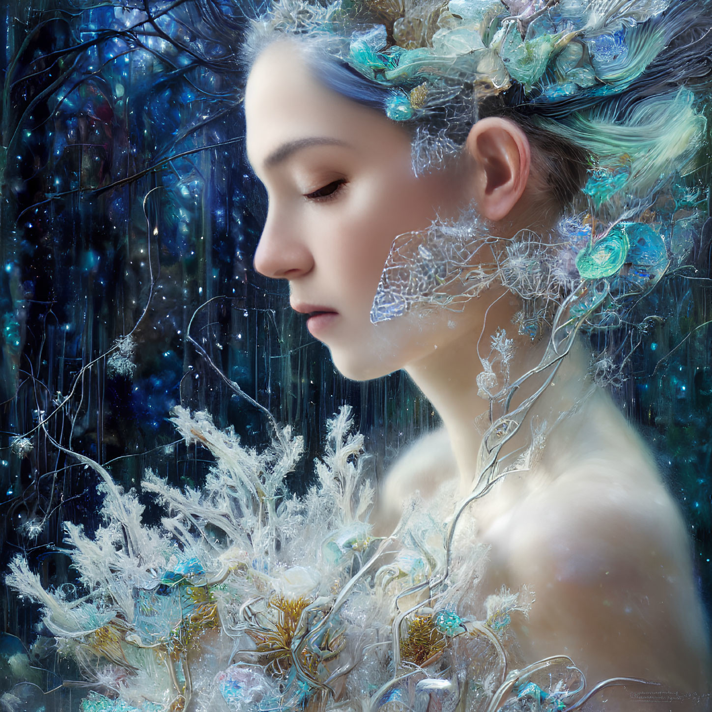 Fantastical portrait of a person with blue hair and crystal adornments in ethereal setting.