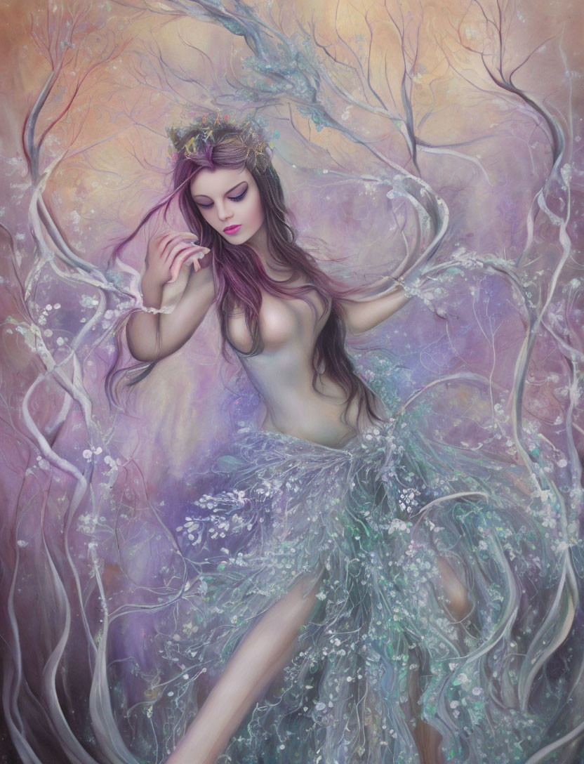 Fantasy illustration of woman with purple hair, twig crown, floral dress emerging from mystical trees