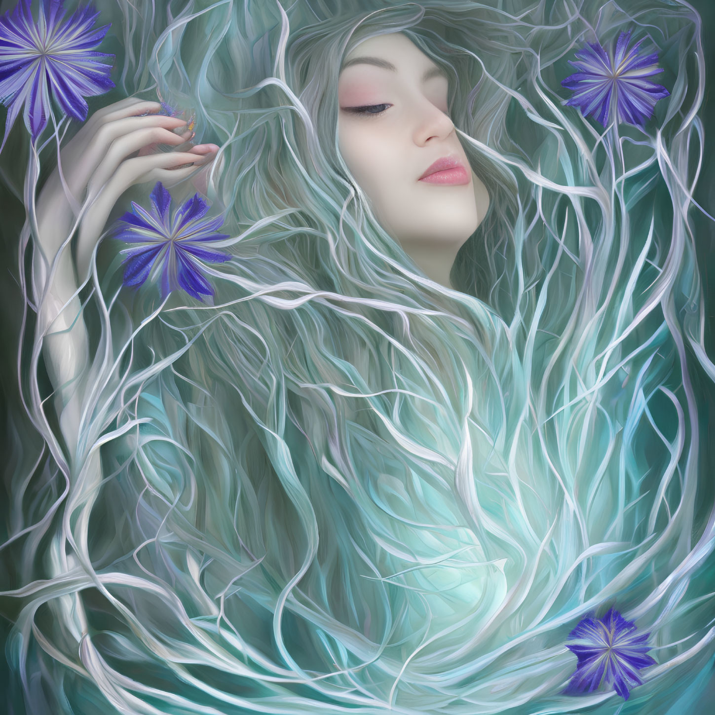 Illustration of woman with teal hair and purple flowers in serene setting