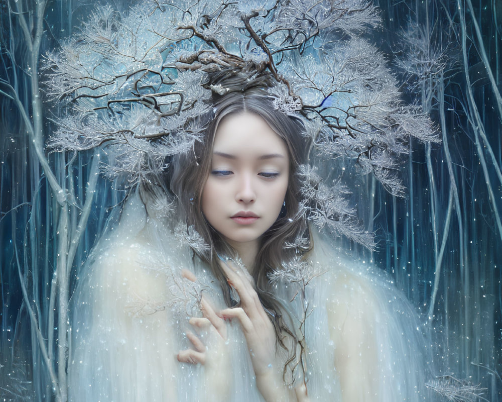 Serene woman with tree branch crown in wintery blue forest