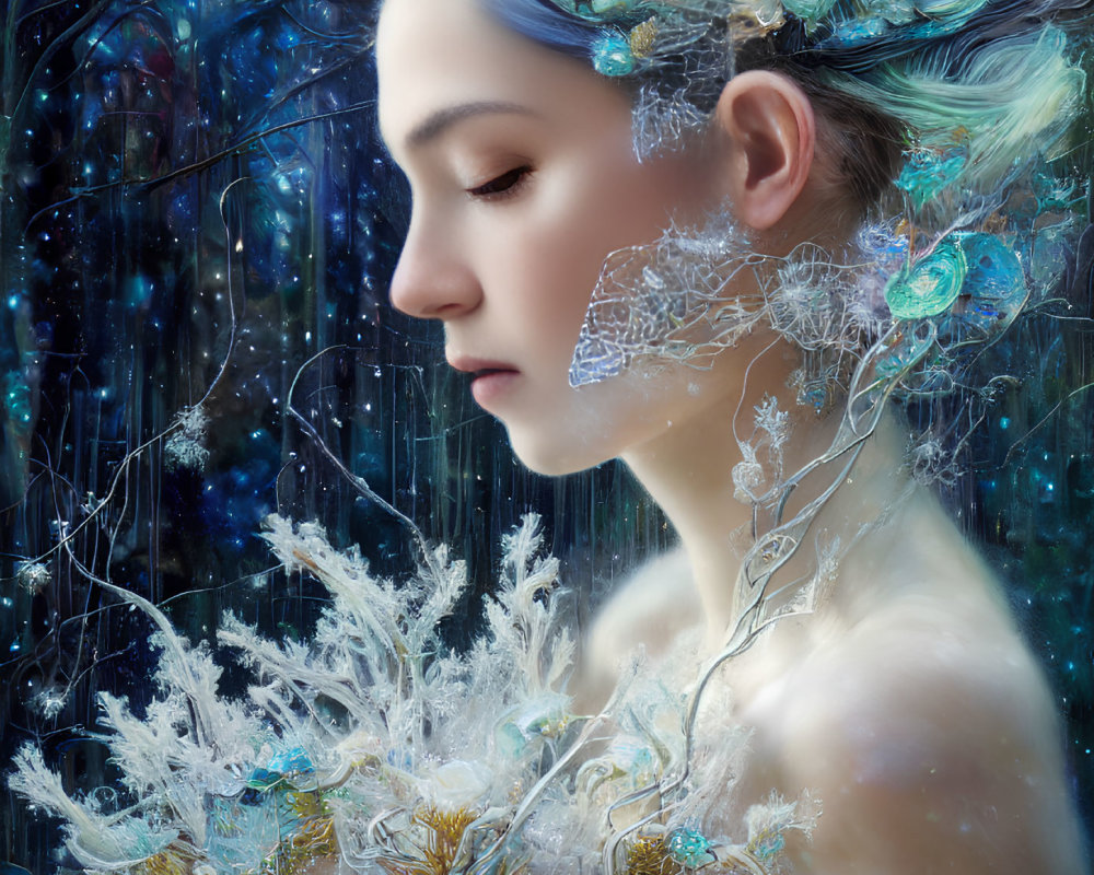 Fantastical portrait of a person with blue hair and crystal adornments in ethereal setting.