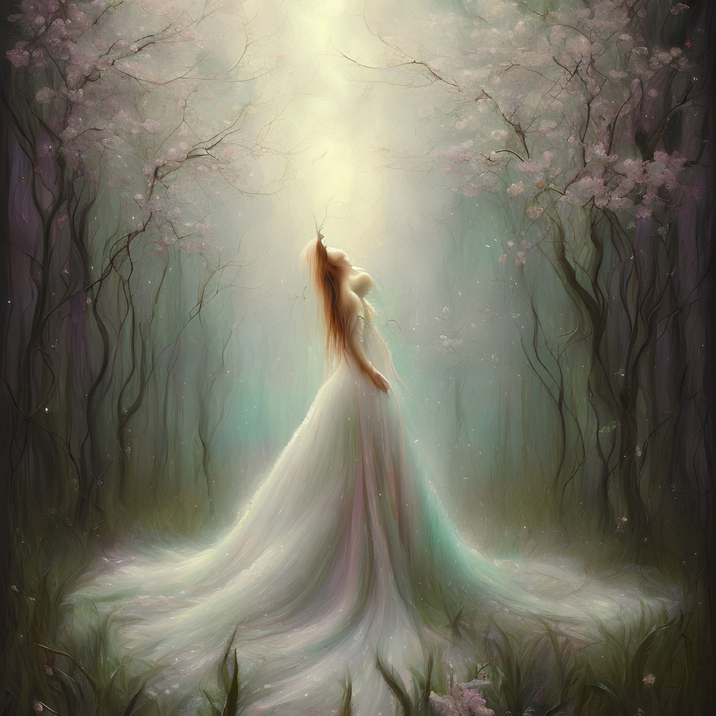 Woman in white gown in magical forest with cherry blossoms and ethereal light.