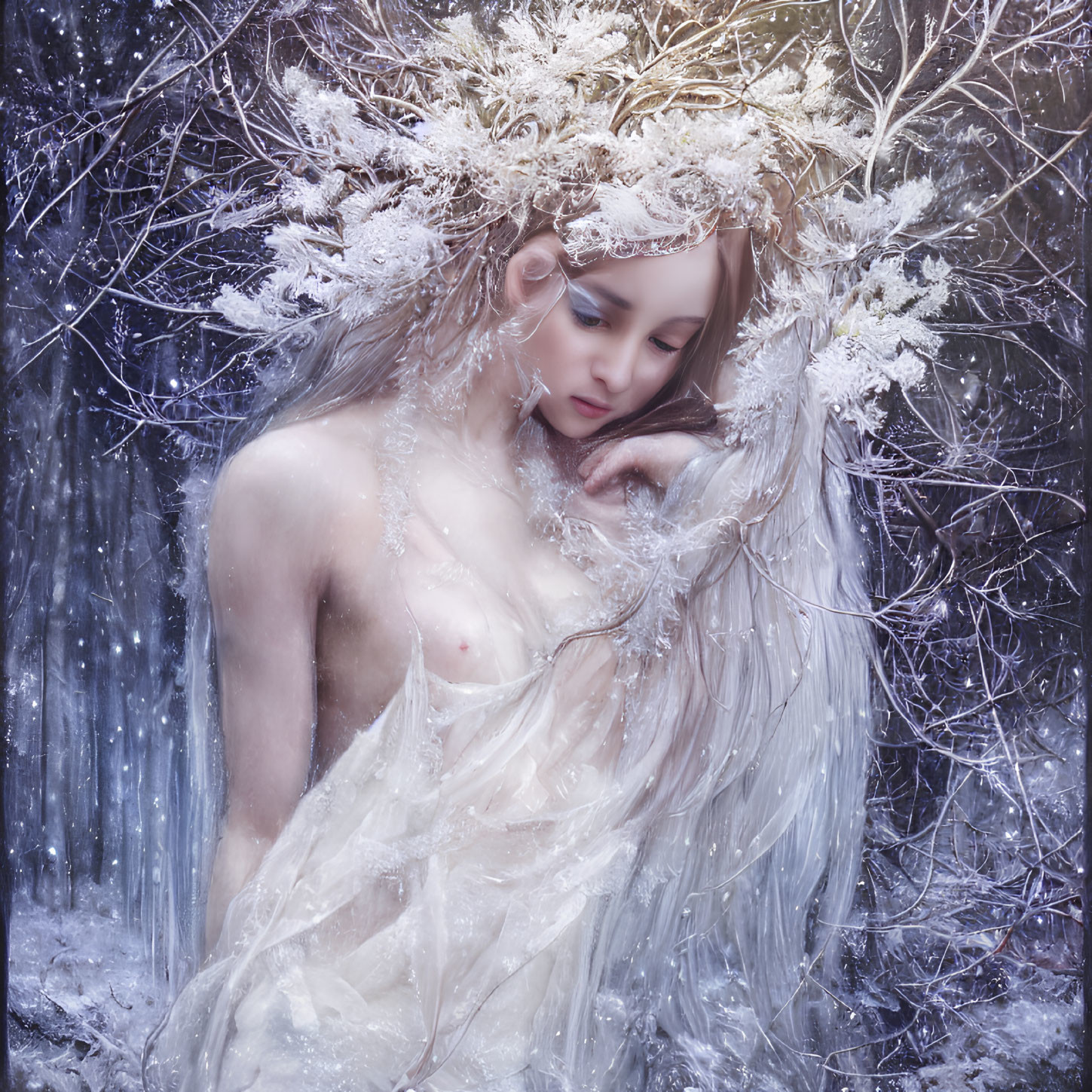 Mystical figure in delicate frost crown and translucent gown amidst snowflake ambiance