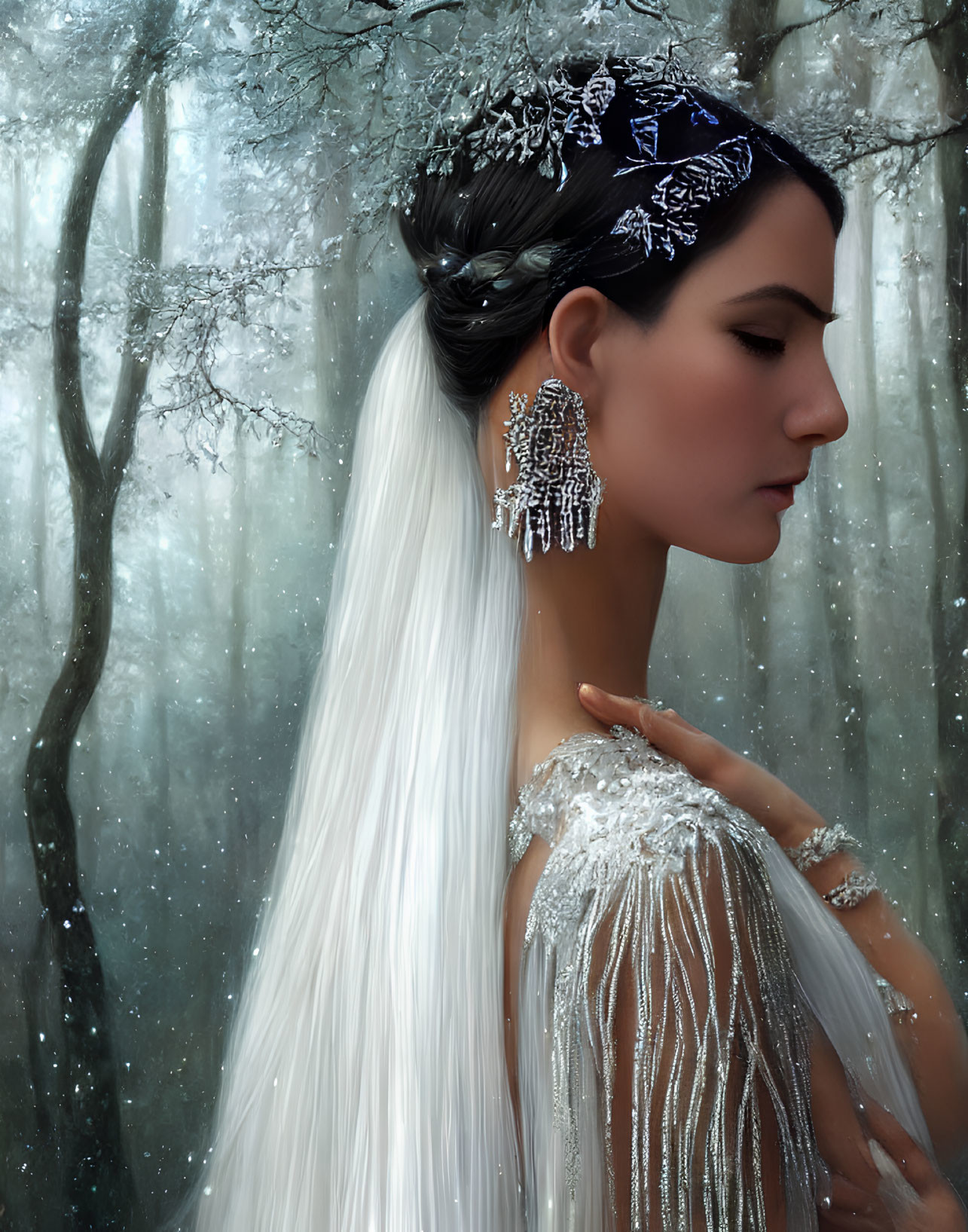 Woman with White Ponytail in Snowy Forest Wearing Sequined Dress