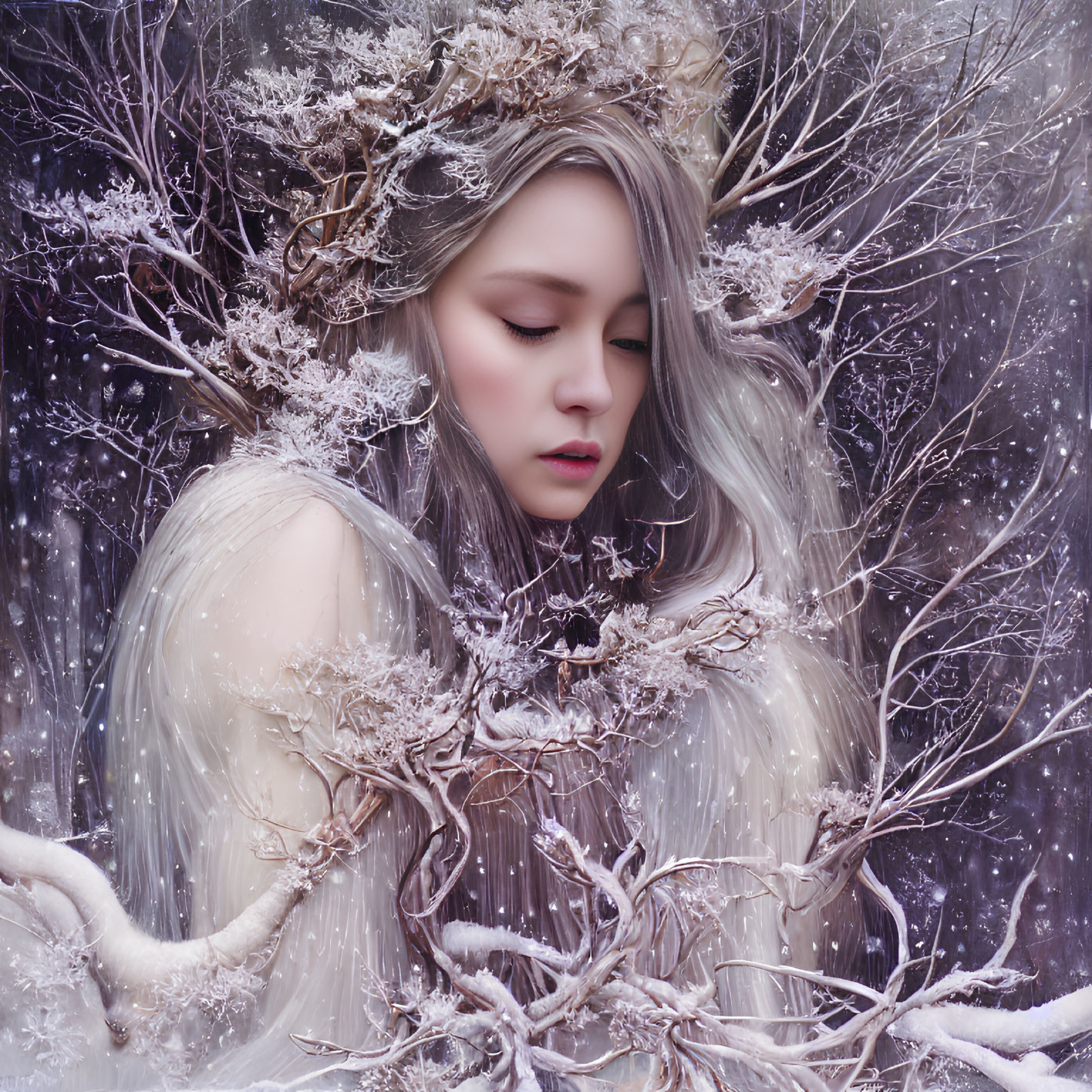 Mystical woman with tree branches and frost in snowy setting