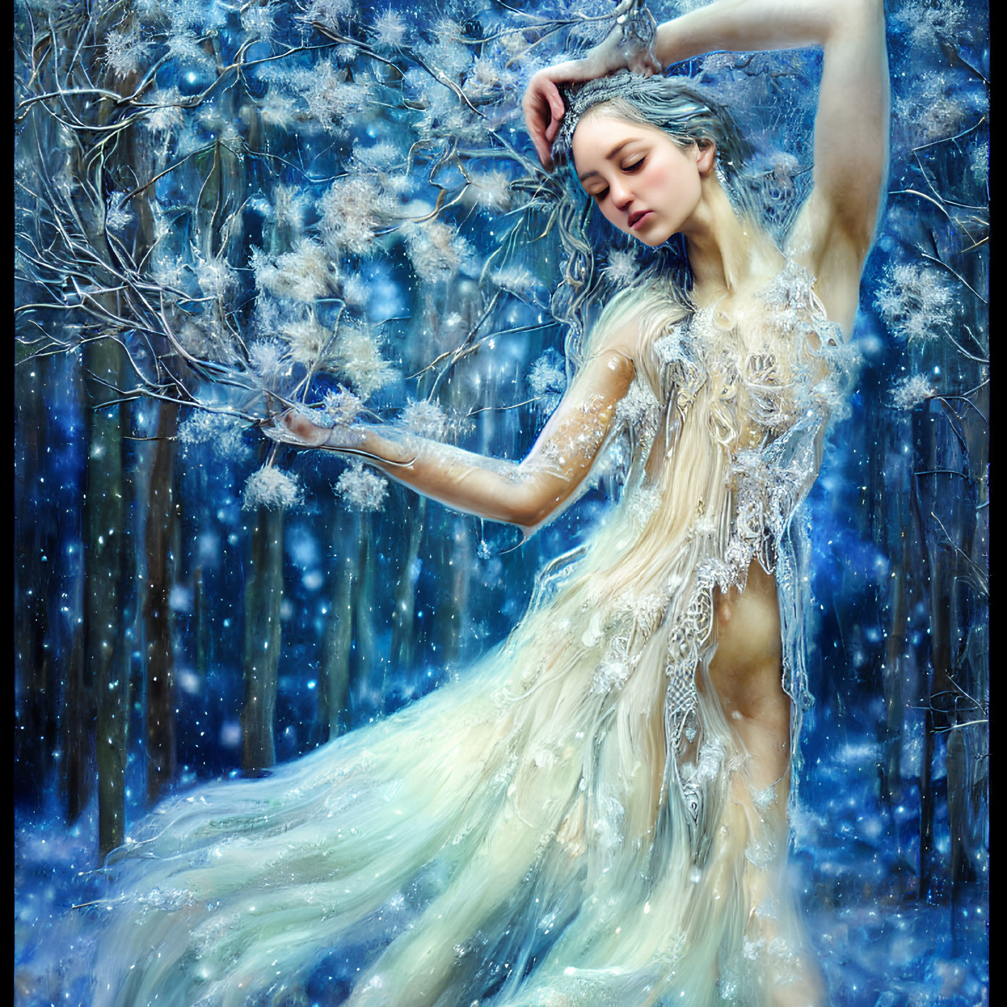 Elaborate icy gown woman in snowy enchanted forest