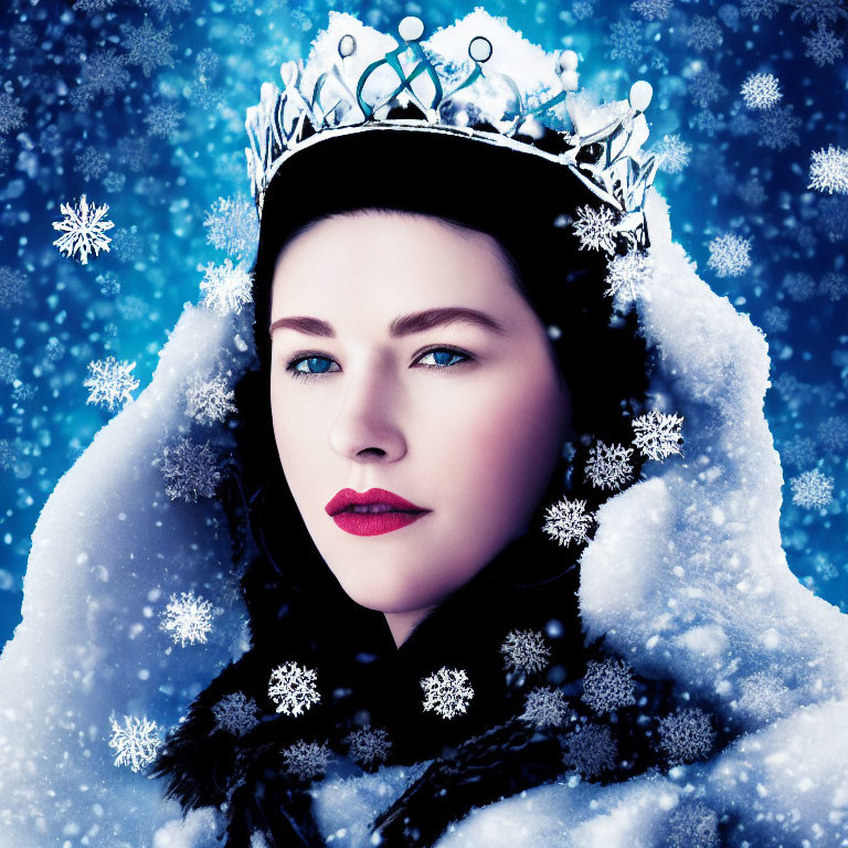 Woman in snowflake crown amid falling snowflakes on blue backdrop