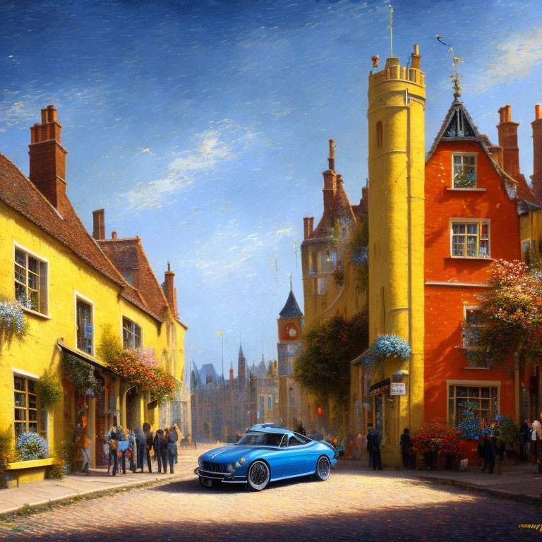 Vintage blue car parked on charming street with historic buildings and pedestrians.