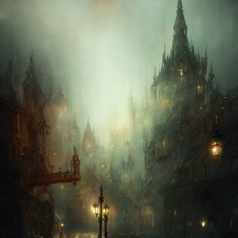 Gothic cityscape at dusk with illuminated street lamps, towering spires, and mist on cob