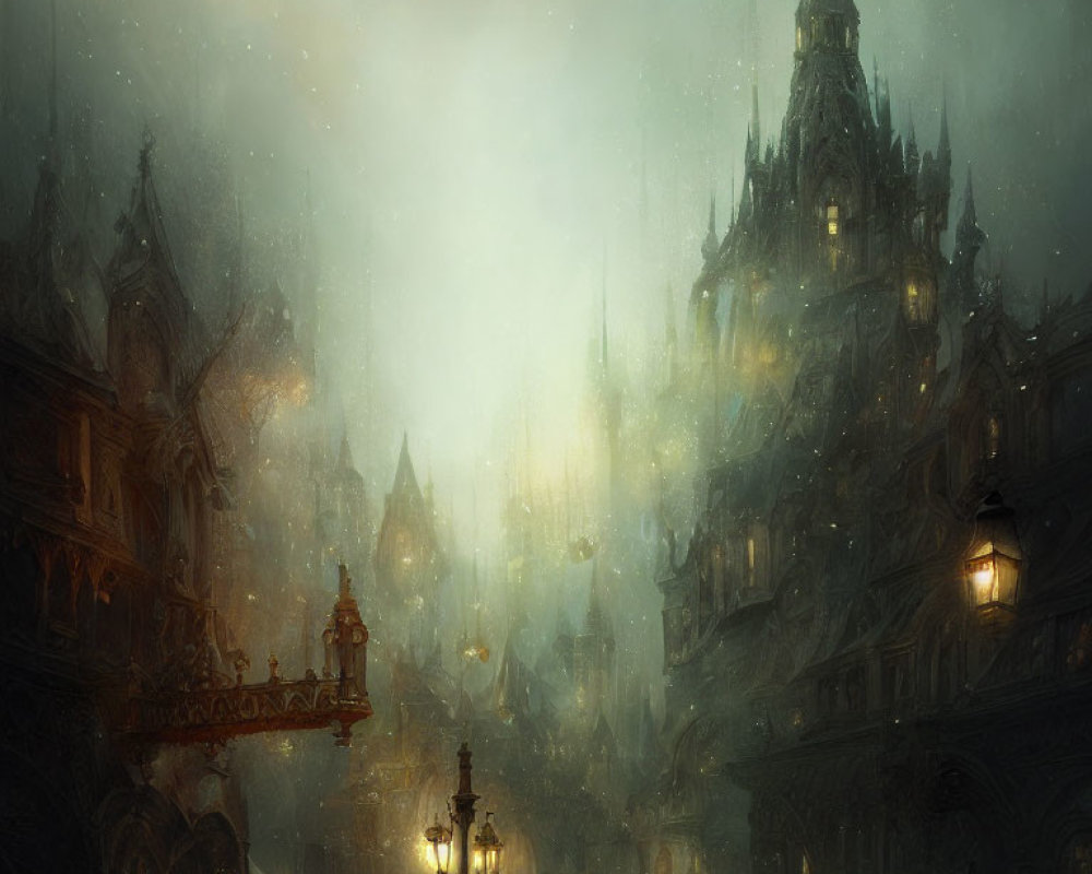 Gothic cityscape at dusk with illuminated street lamps, towering spires, and mist on cob