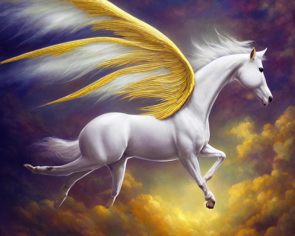 White Pegasus with golden wings flying in dramatic sky full of gold, orange, and blue swirls