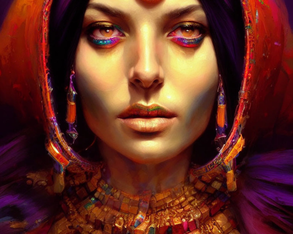 Colorful portrait of a woman with blue eyes and golden headdress.