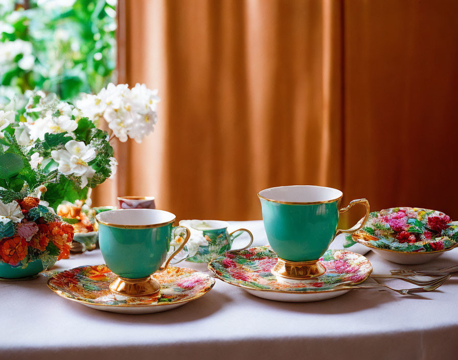 Colorful Floral Pattern Tea Set with Teal Cups and Bouquet on Table