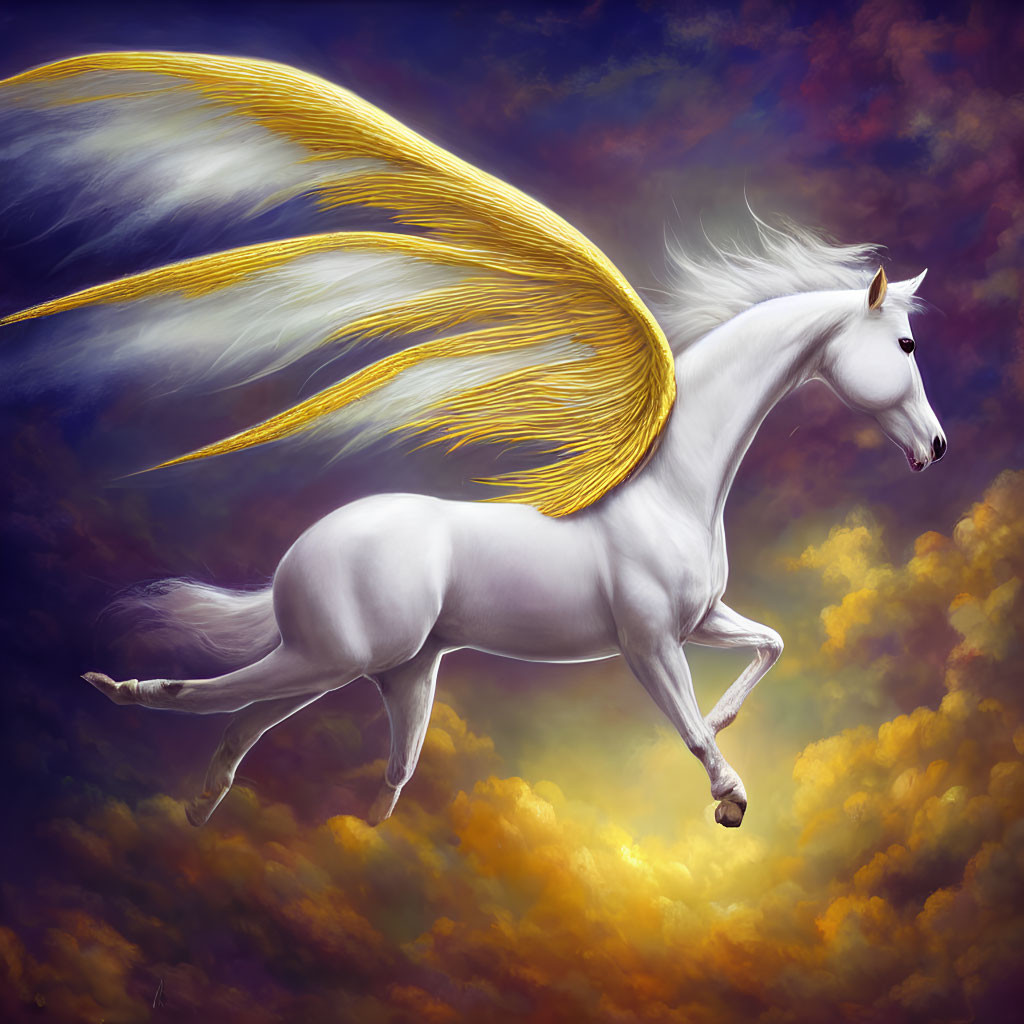 White Pegasus with golden wings flying in dramatic sky full of gold, orange, and blue swirls