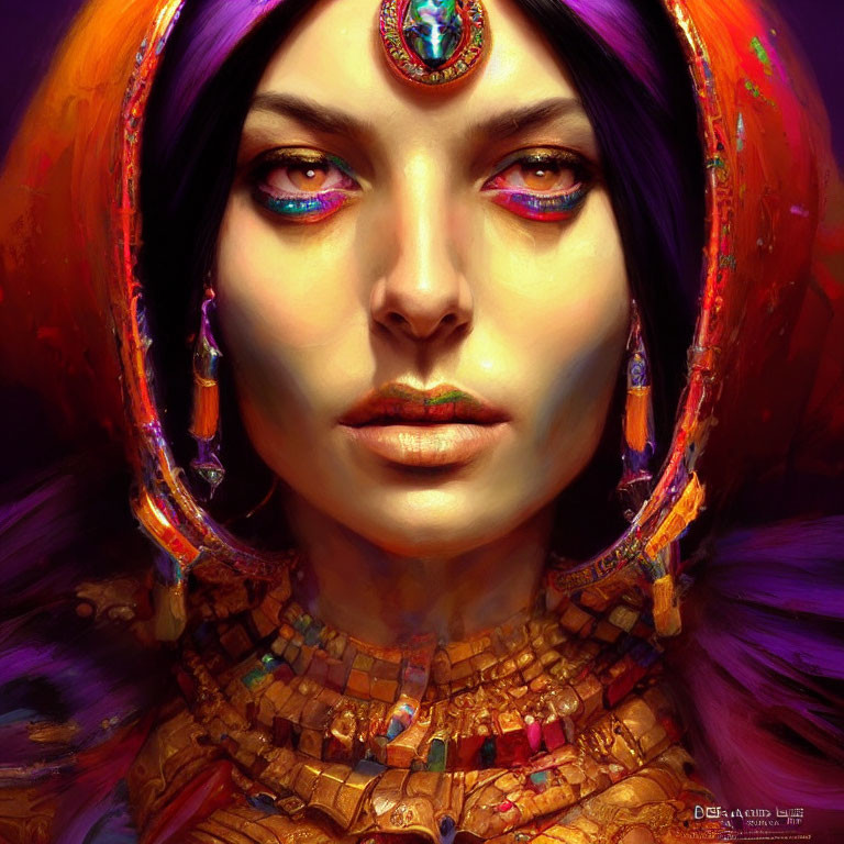 Colorful portrait of a woman with blue eyes and golden headdress.