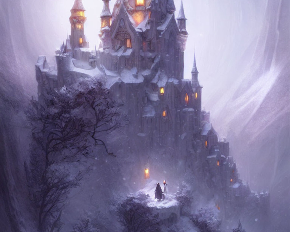 Snowy Cliff Castle with Lone Figure in Winter Landscape