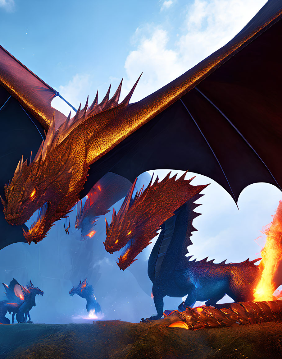 Majestic multi-headed dragon breathing fire under a blue sky