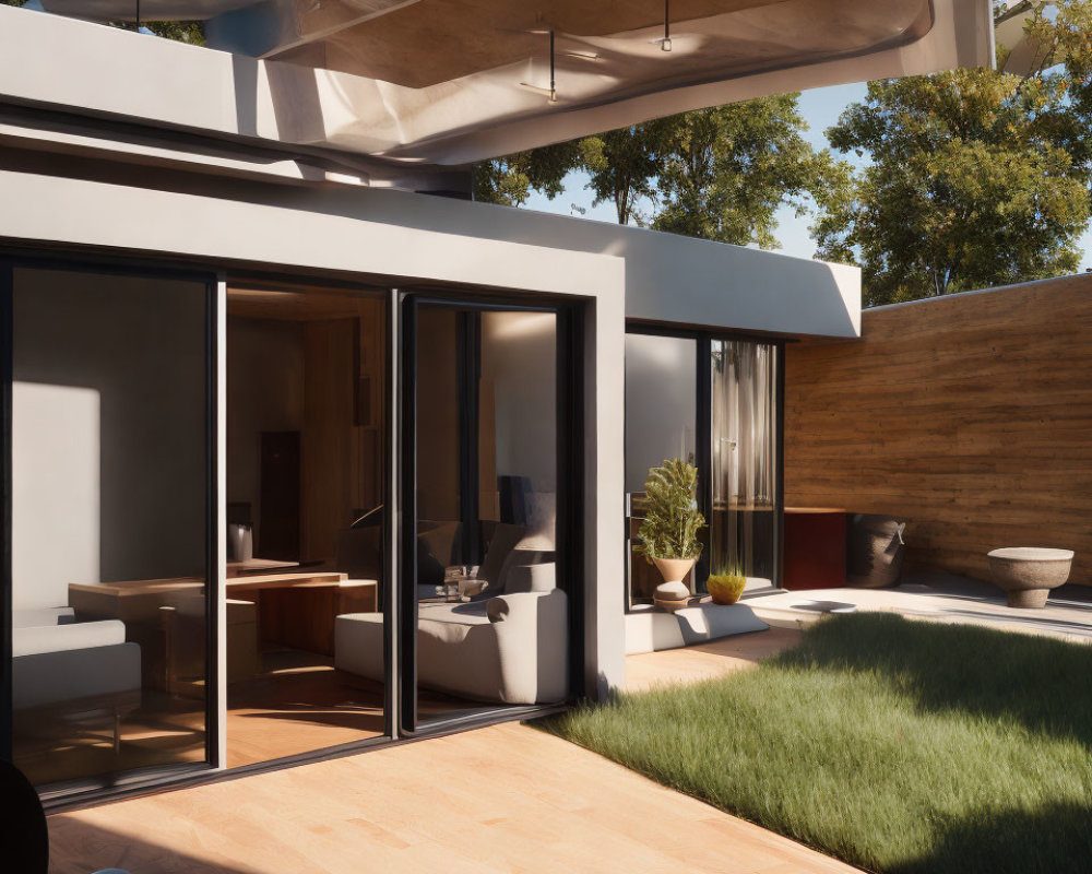 Contemporary Patio with Wooden Decking & Glass Doors