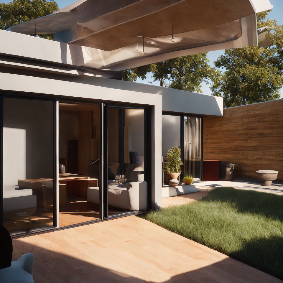 Contemporary Patio with Wooden Decking & Glass Doors