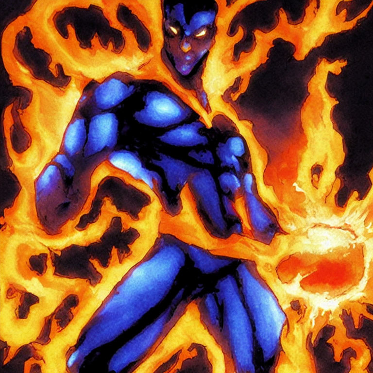 Blue-skinned superhero in dynamic pose engulfed in flames