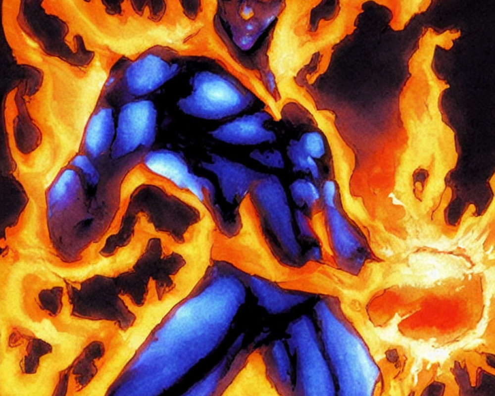 Blue-skinned superhero in dynamic pose engulfed in flames