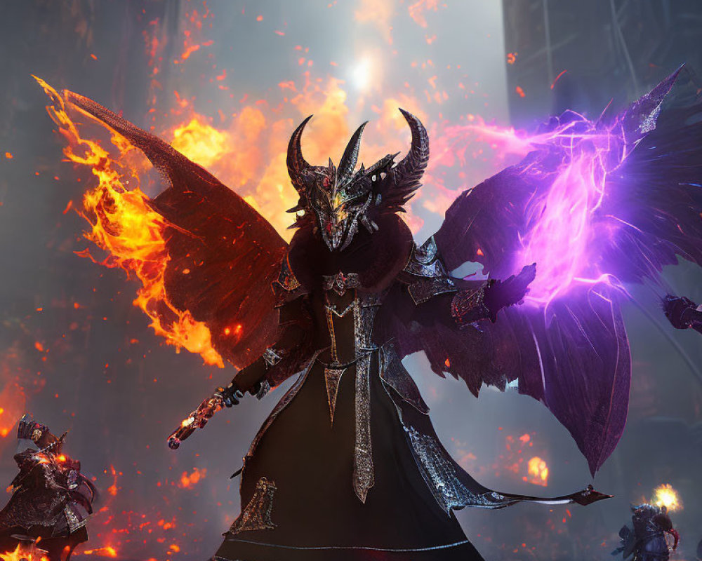 Armored figure with demonic wings wielding purple weapon in fiery gothic scene