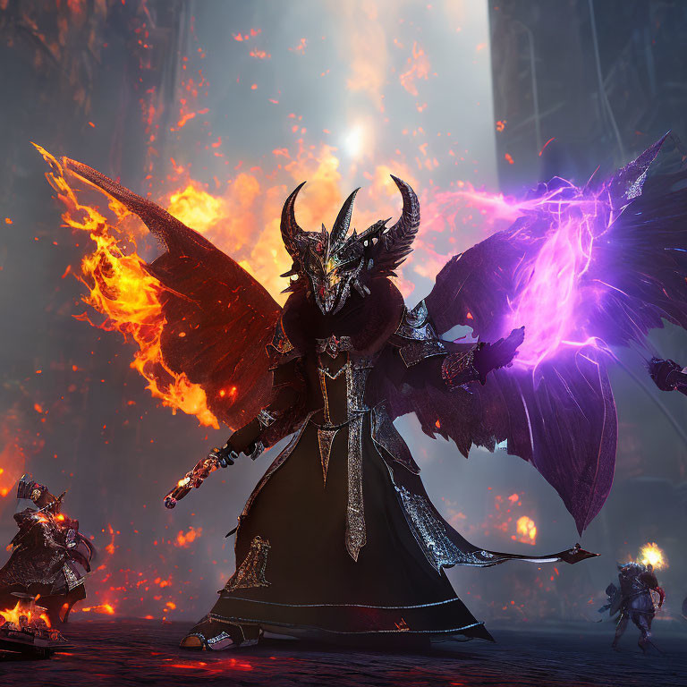 Armored figure with demonic wings wielding purple weapon in fiery gothic scene