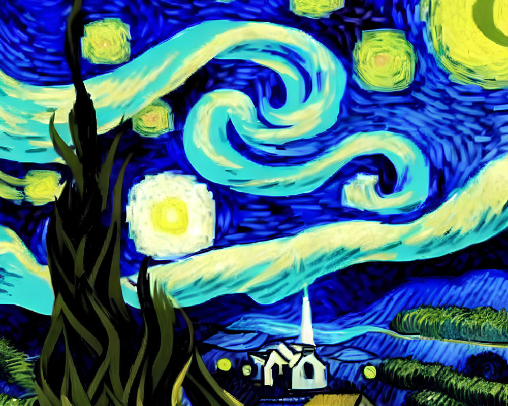 Vibrant Van Gogh-inspired painting of swirling sky and village