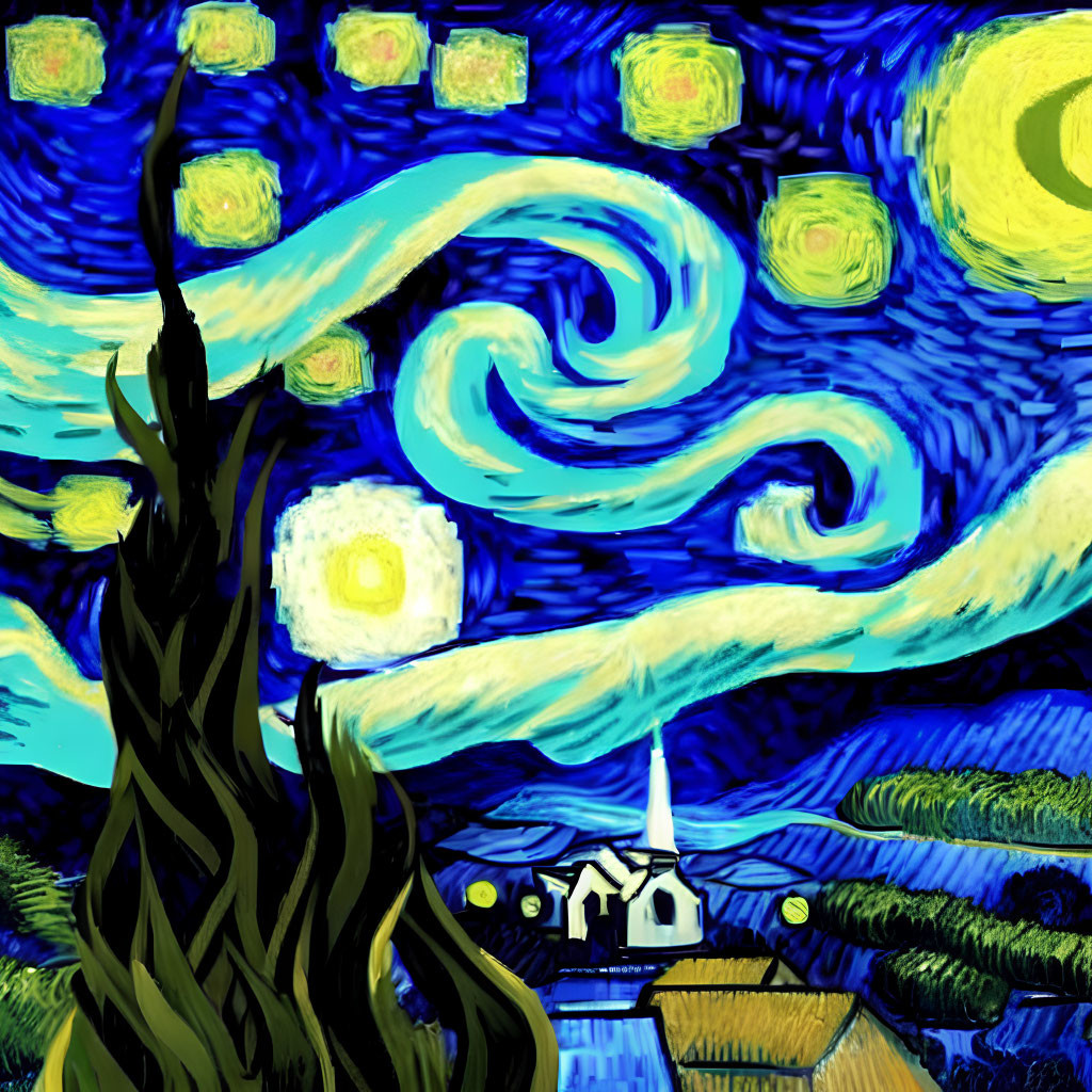 Vibrant Van Gogh-inspired painting of swirling sky and village