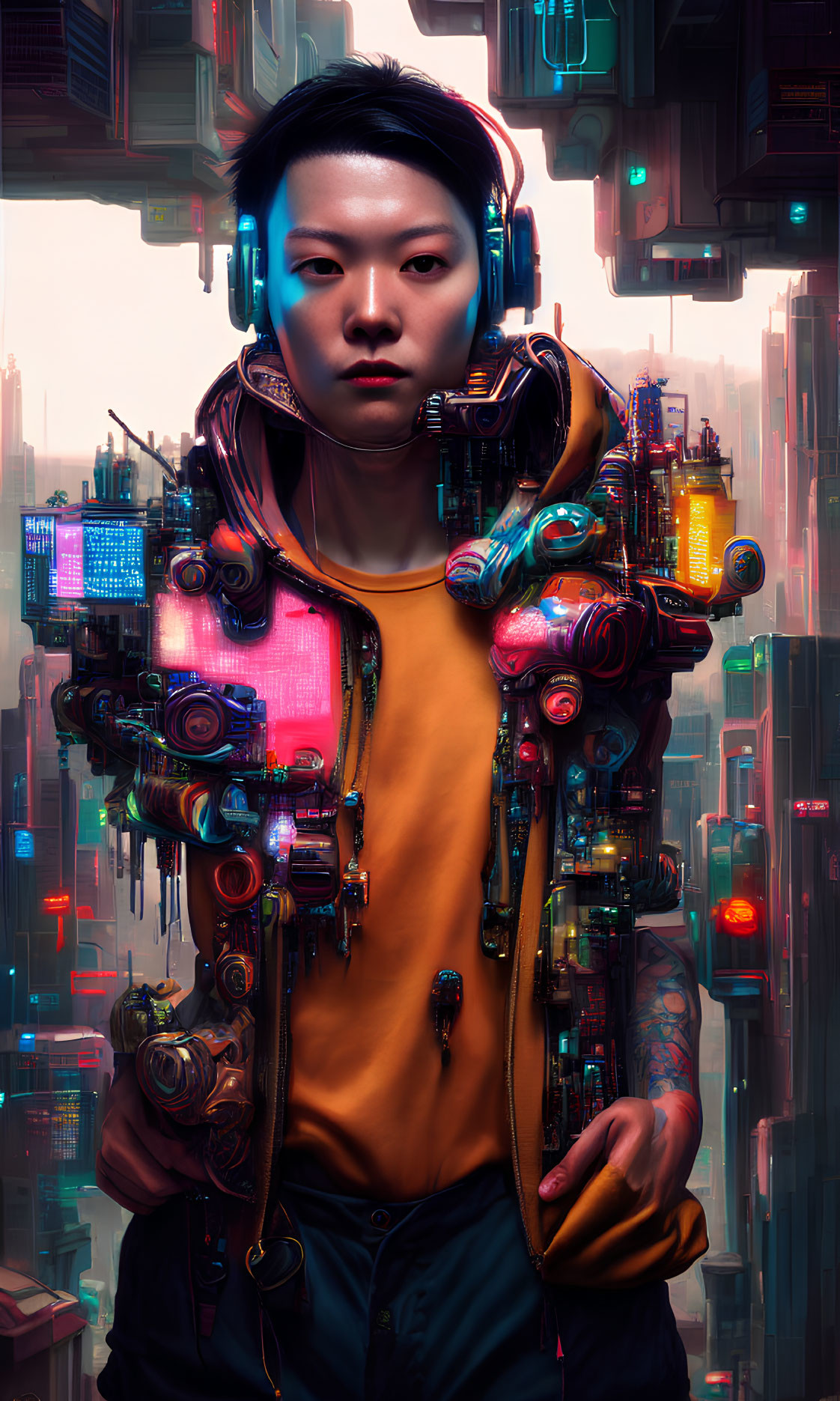 Cybernetic Arm Enhancements and Headphones in Futuristic Cityscape