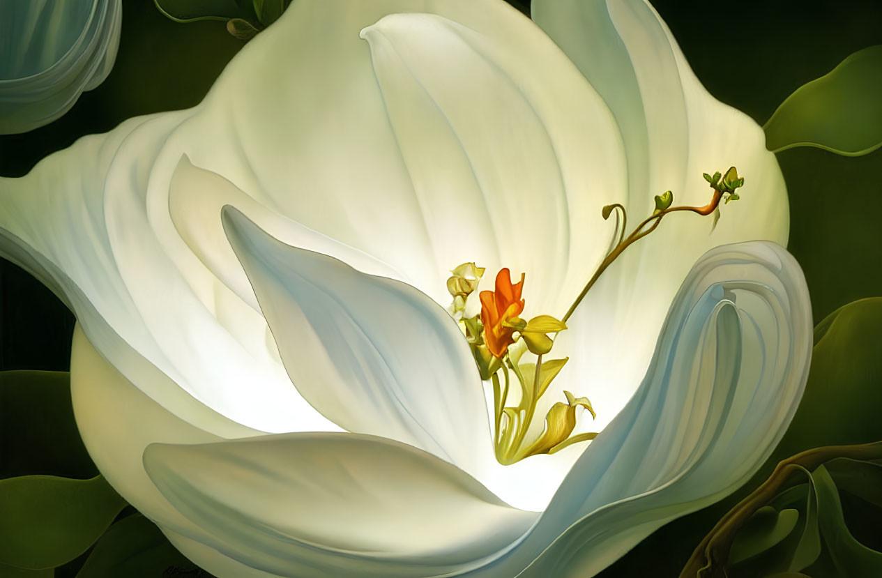 Detailed Close-Up of White Magnolia Flower with Soft Petals and Green Pistils