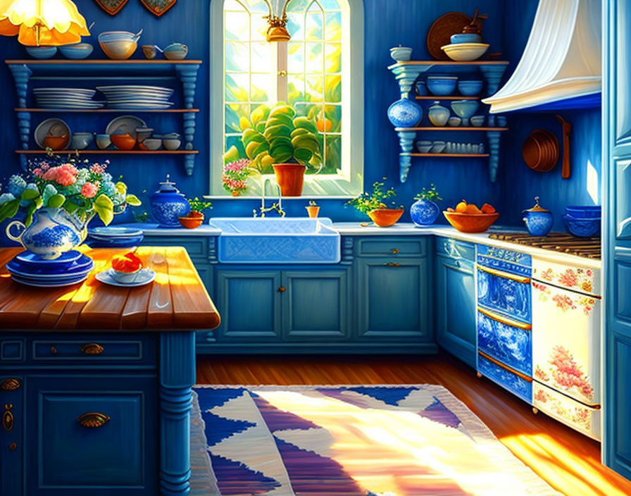 Bright Cozy Kitchen with Blue Cabinets and Wooden Countertops