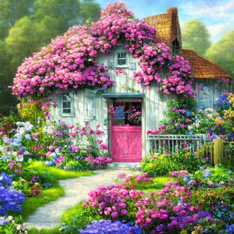 Pink Flower-Covered Cottage with Garden and Pink Door in Lush Landscape