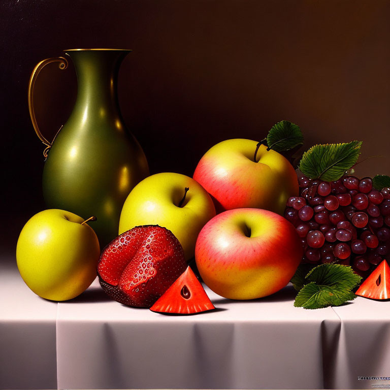 Green Vase and Fruit Still Life on Draped Table