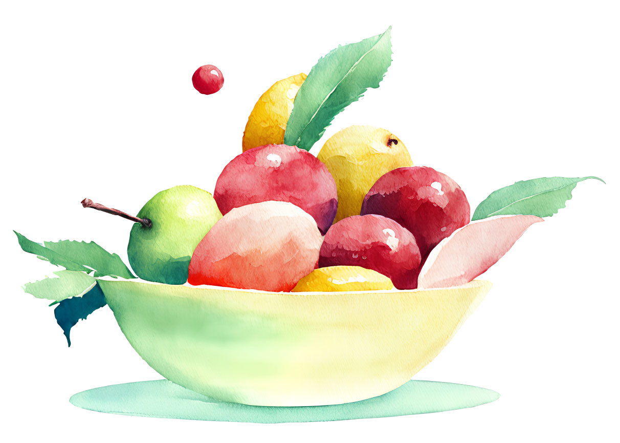 Colorful watercolor painting of a fruit-filled bowl with apples, lemons, and green leaves.