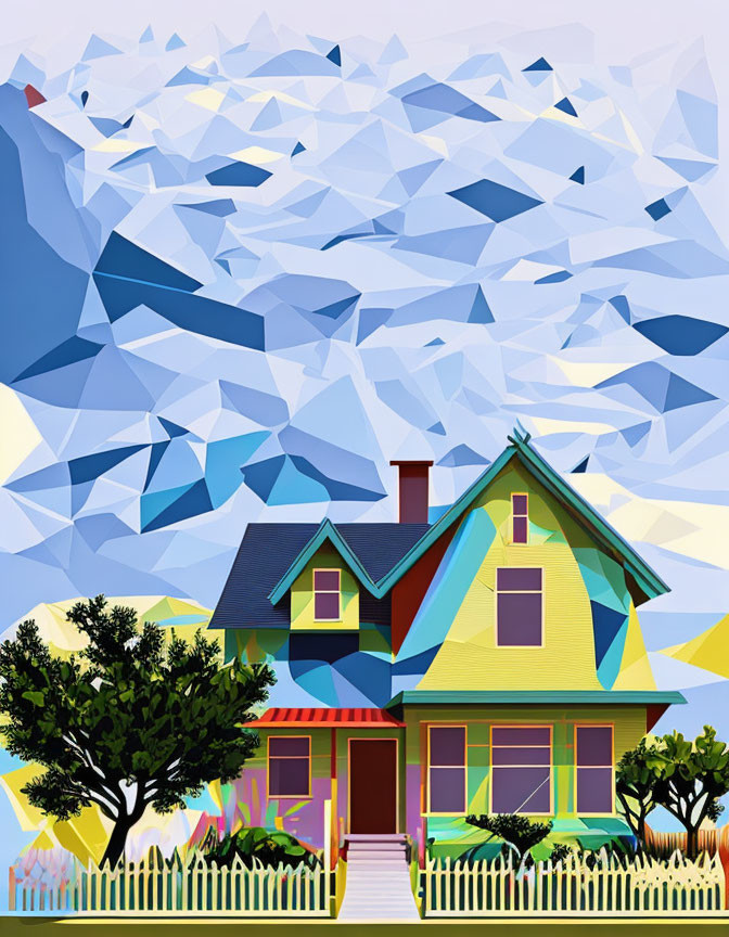 Vibrant geometric illustration of yellow house with red roof and blue accents