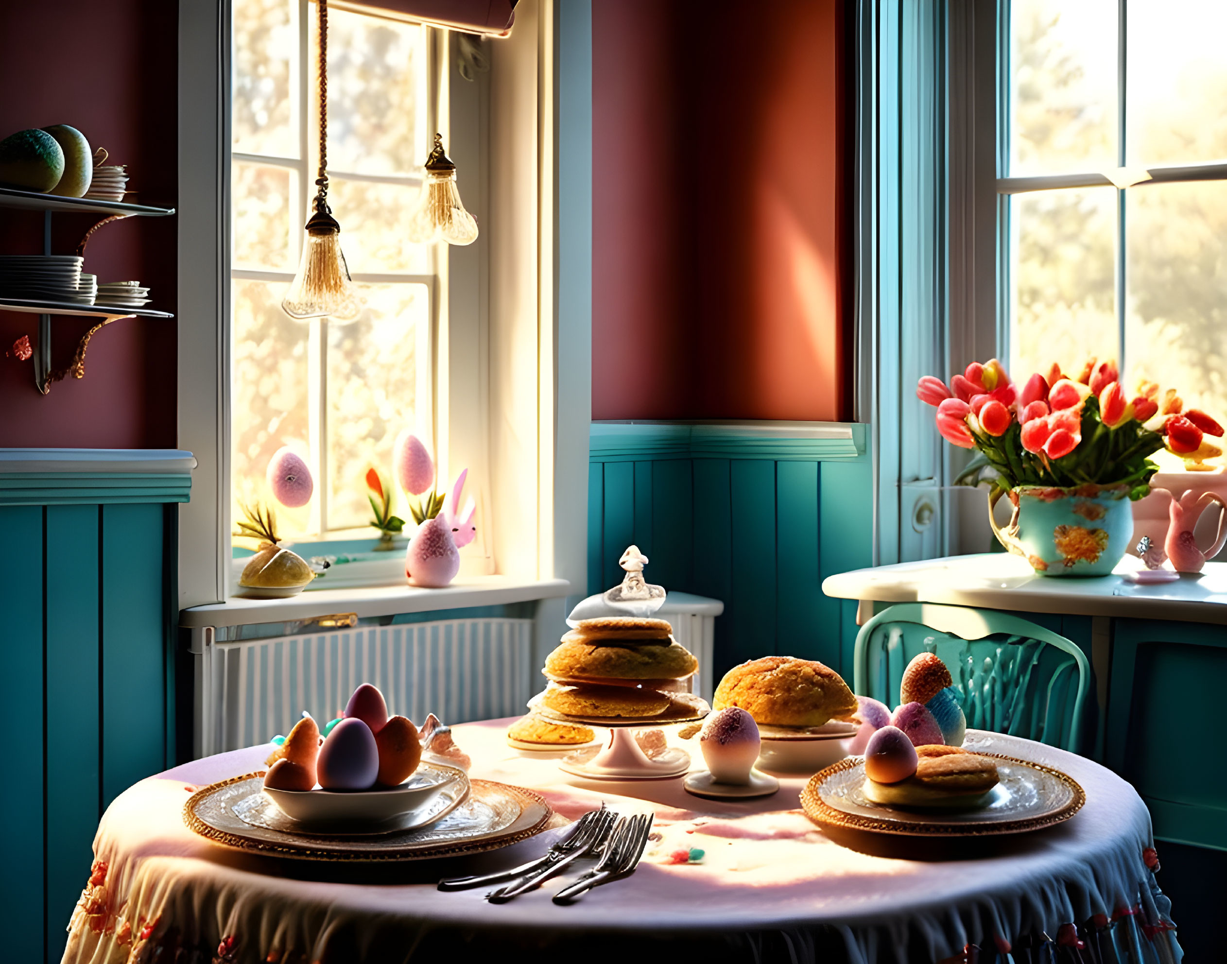 Sunlit Breakfast Nook with Pancakes, Eggs, Pastries, and Tulips