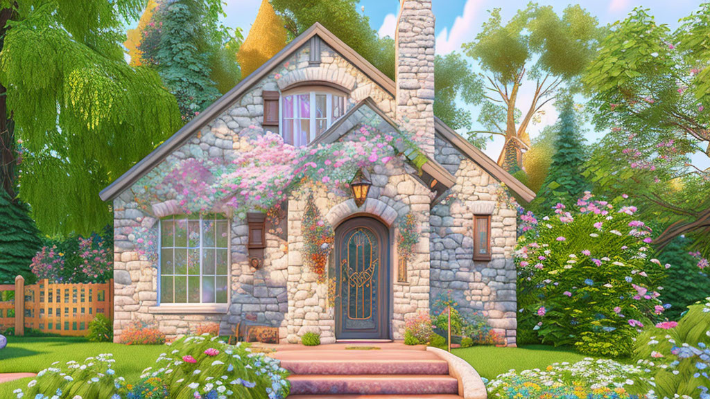 Stone cottage with flowering vines, wooden door, and lush greenery