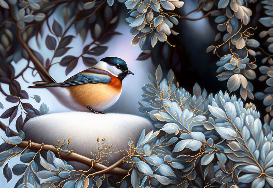 Colorful bird with blue and orange plumage on branch among leaves and flowers