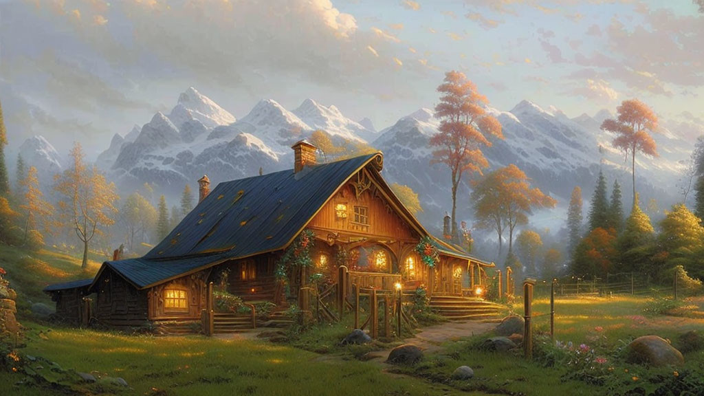 Illuminated cabin in serene mountain setting with snowy peaks and warm sunset sky