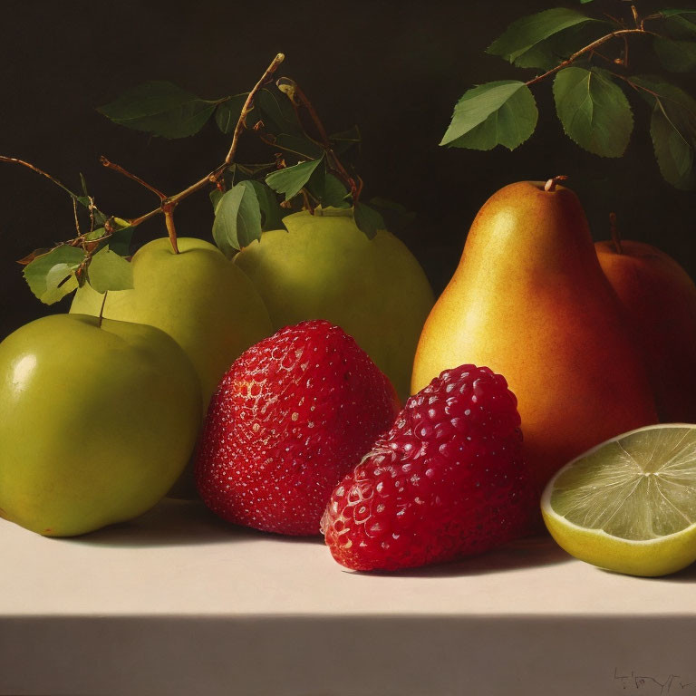 Ripe fruits still life painting with green apples, pear, strawberries, and lime on plain surface