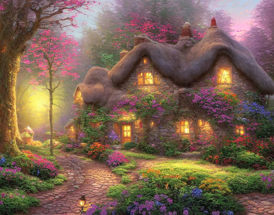 Thatched roof cottage in vibrant garden with pink blossoms