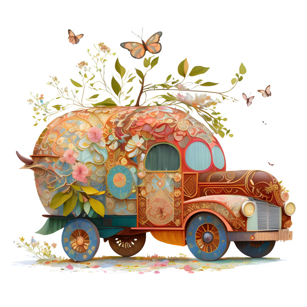 Illustrated caravan with vibrant floral patterns and butterflies in nature-inspired scene