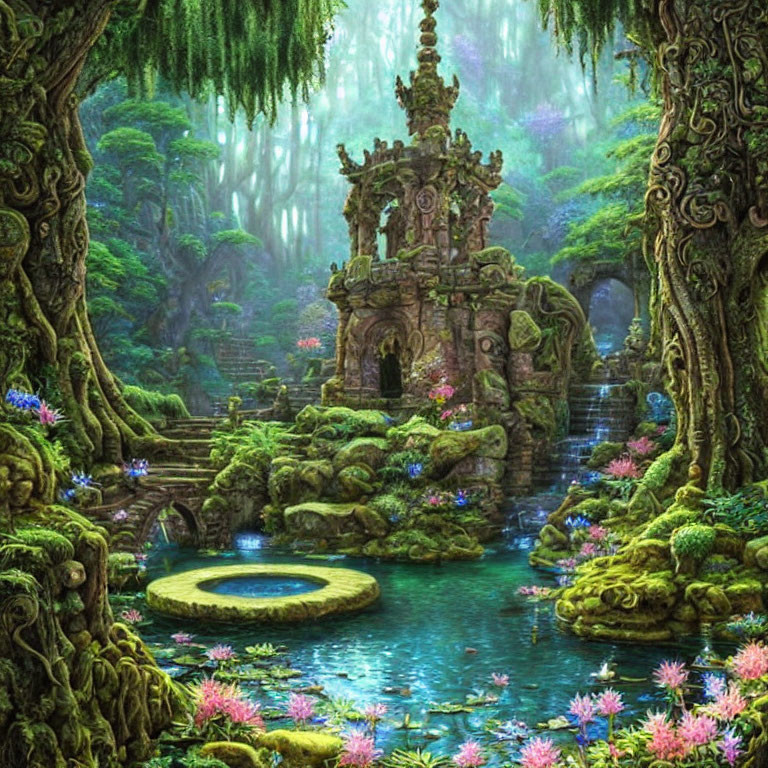 Mystical forest scene with lush greenery, vibrant flowers, serene pond, and misty light