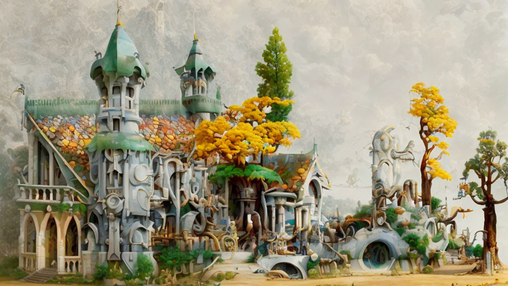 Ornate Castle Painting with Autumn Trees