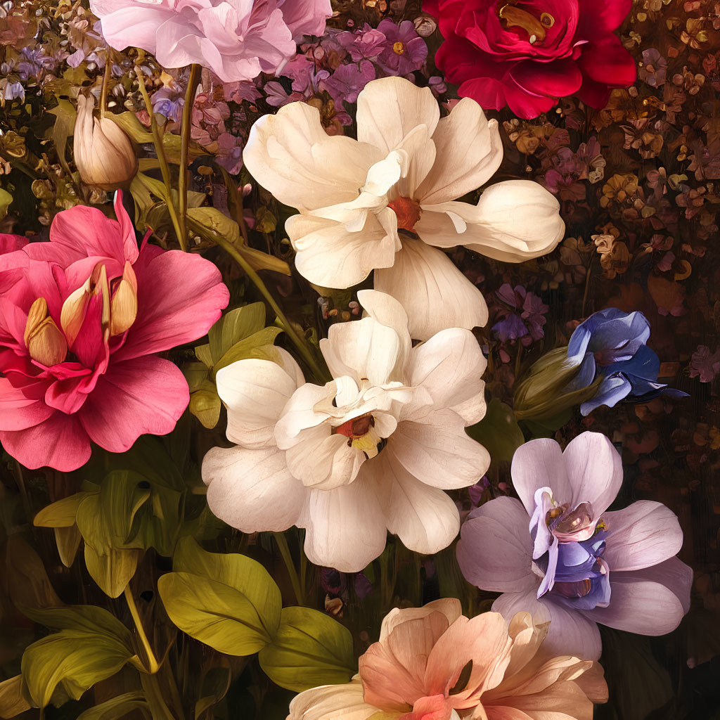 Colorful bouquet with white, pink, and purple flowers and green foliage