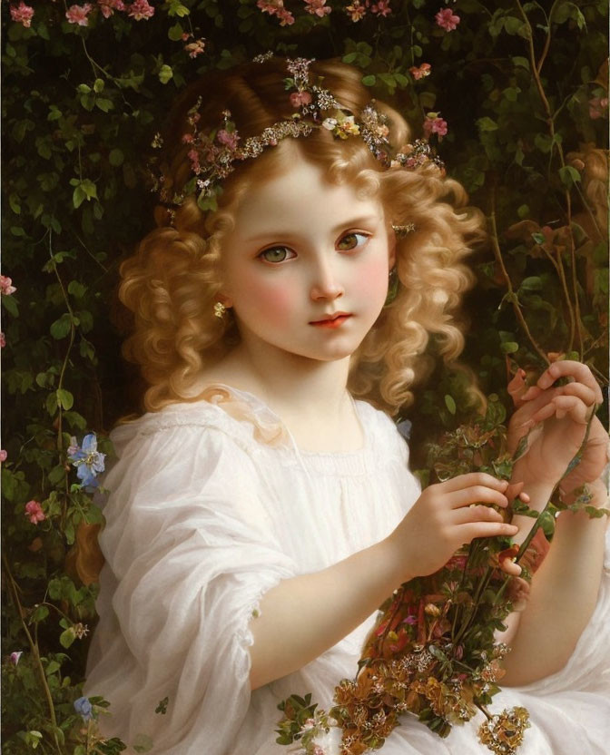 Young girl with blonde hair in floral crown, white dress, surrounded by greenery and flowers holding a